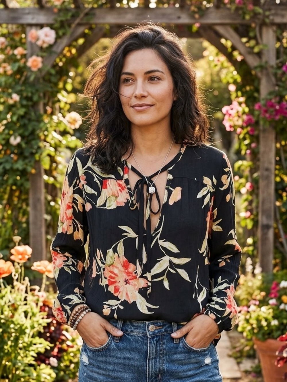 Billabong 100% Rayon Black Floral Boho Flowy Blouse